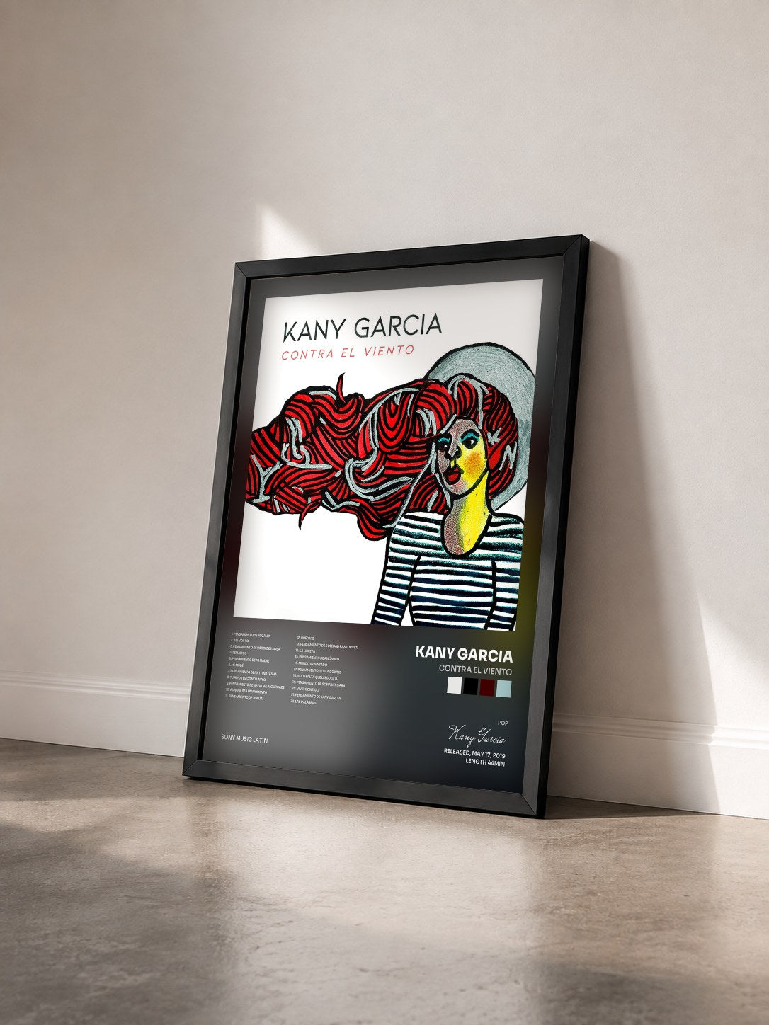 #noir Tableau de l'album Contra el Viento de Kany Garcia vu de trois quarts, cadre noir