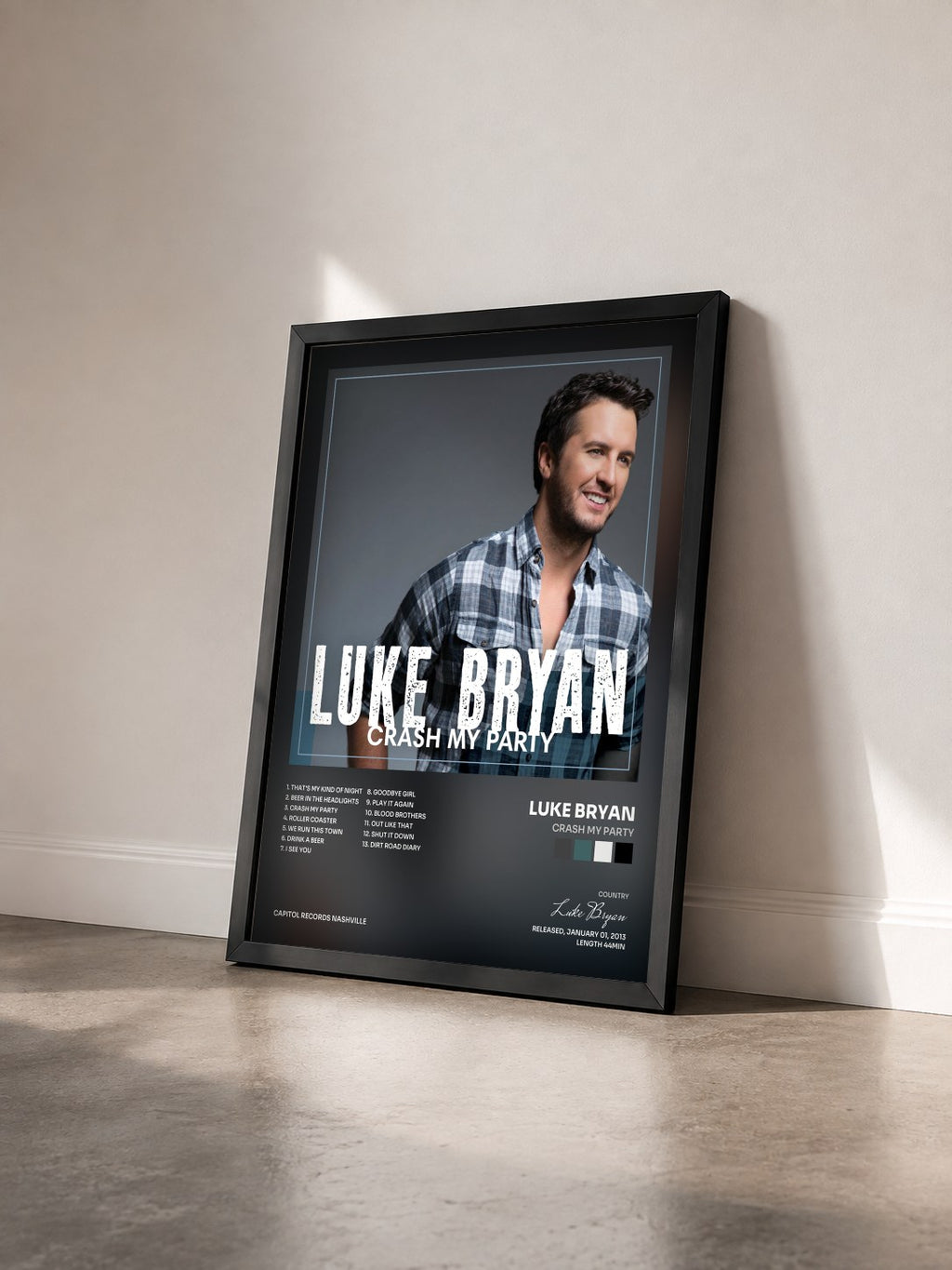 #noir Tableau de l'album Crash My Party de Luke Bryan vu de trois quarts, cadre noir