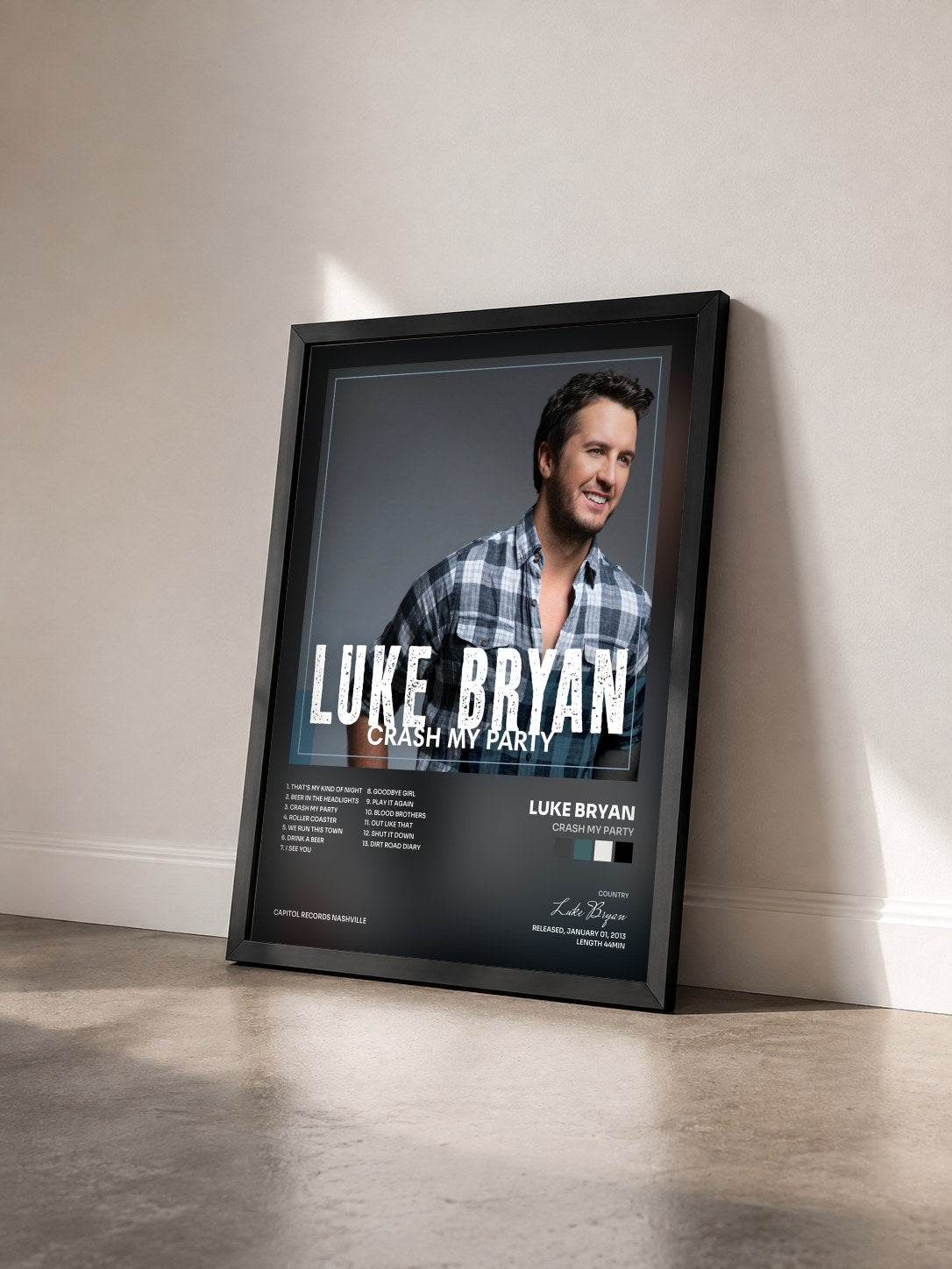 #noir Tableau de l'album Crash My Party de Luke Bryan vu de trois quarts, cadre noir