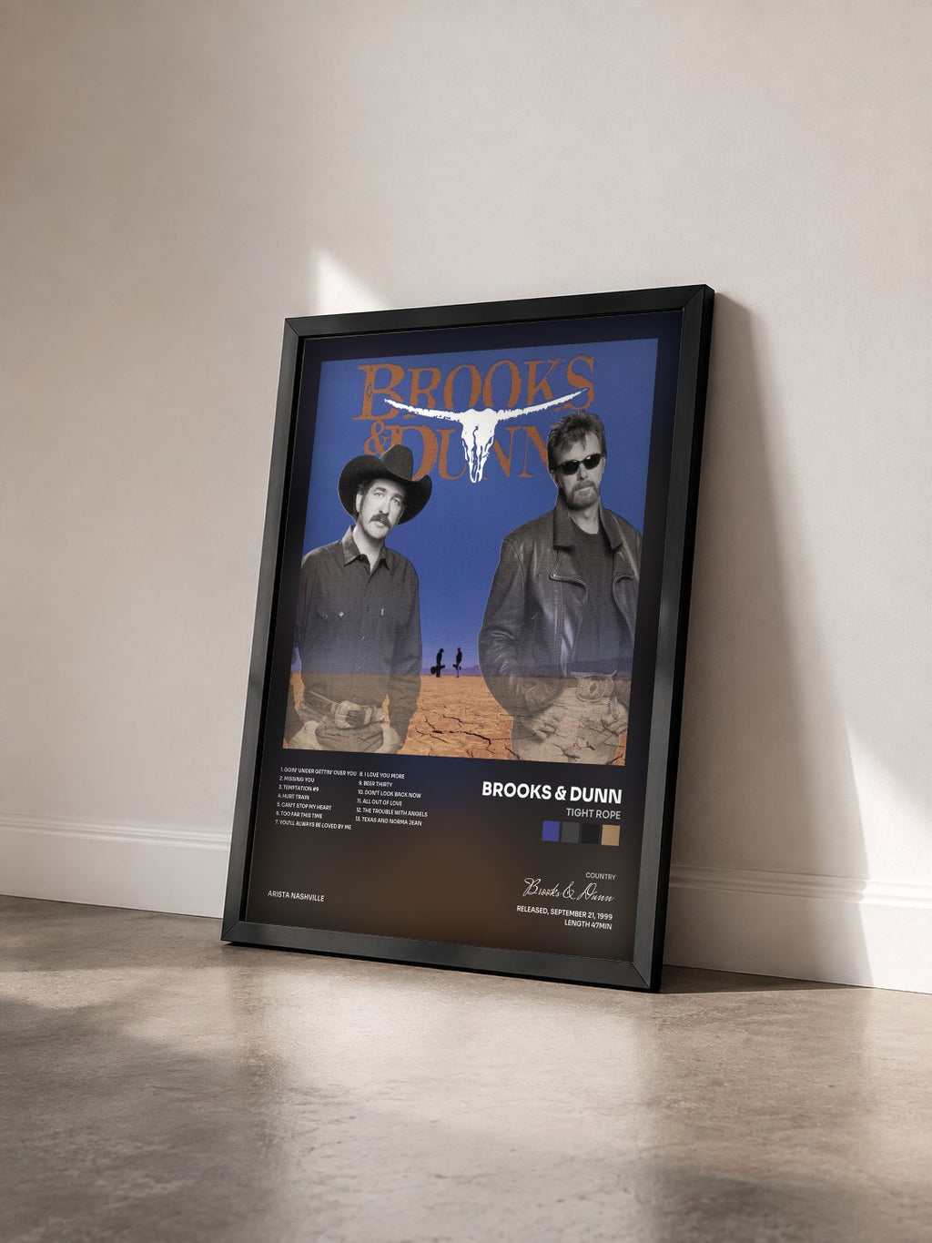 #noir Tableau de l'album Tight Rope de Brooks & Dunn vu de trois quarts, cadre noir
