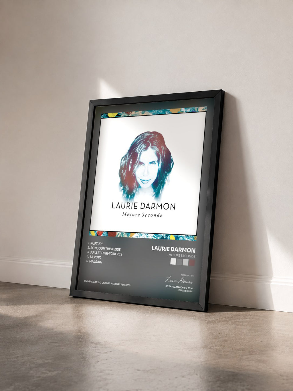 #noir Tableau de l'album Mesure seconde de Laurie Darmon vu de trois quarts, cadre noir