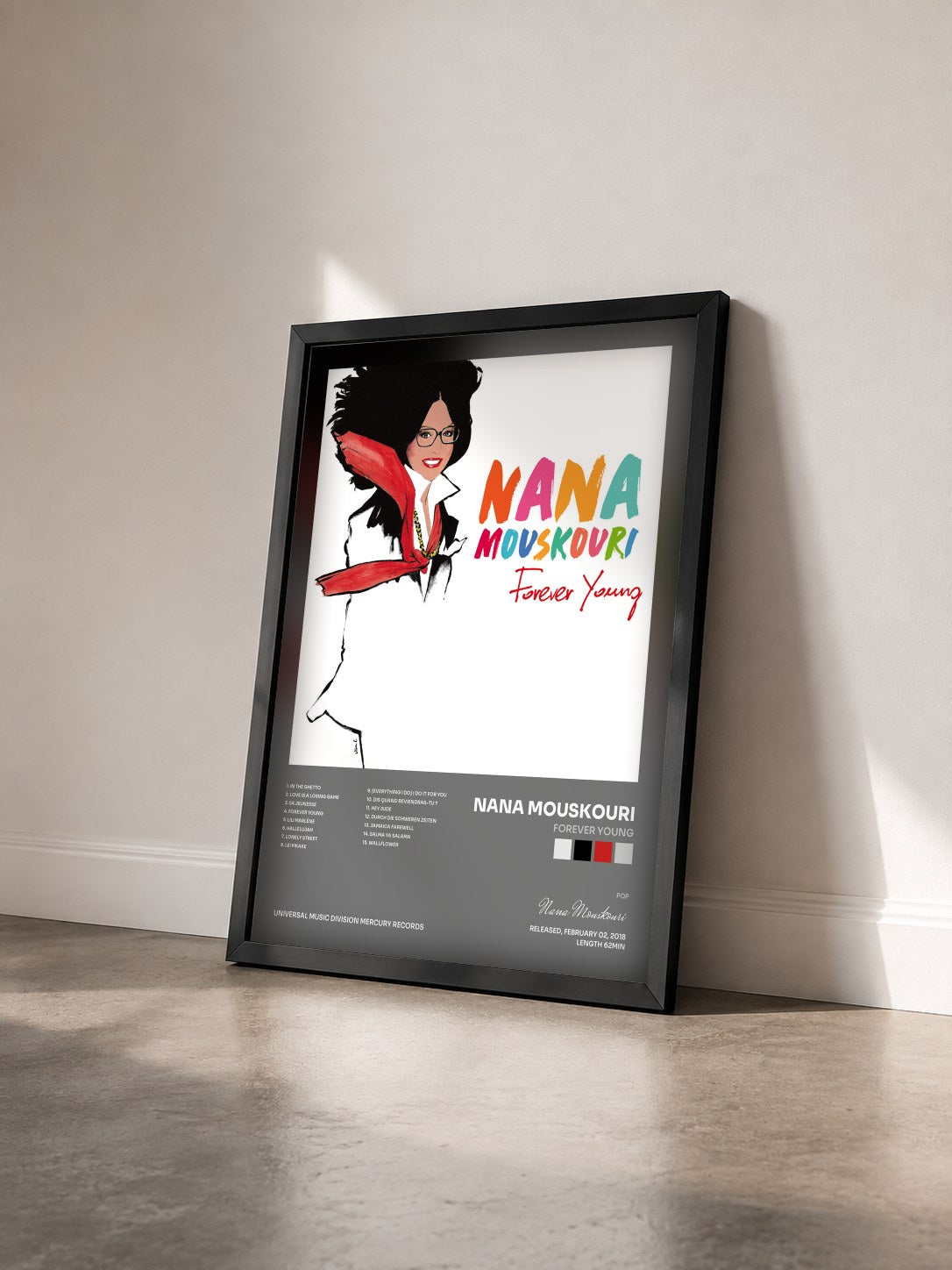 #noir Tableau de l'album Forever Young de Nana Mouskouri vu de trois quarts, cadre noir
