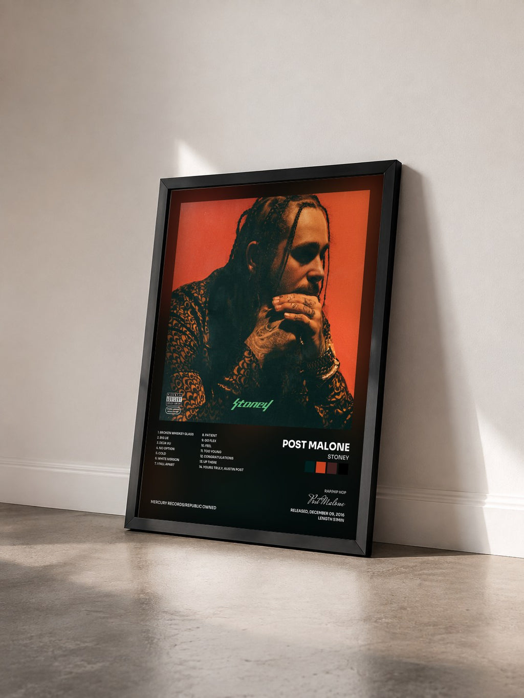 #noir Tableau de l'album Stoney de Post Malone vu de trois quarts, cadre noir