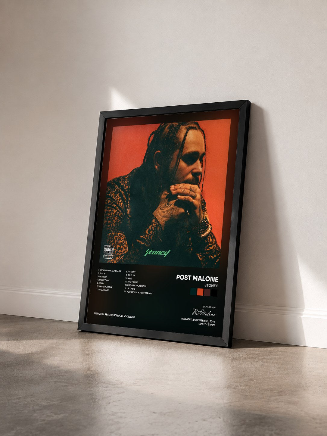#noir Tableau de l'album Stoney de Post Malone vu de trois quarts, cadre noir