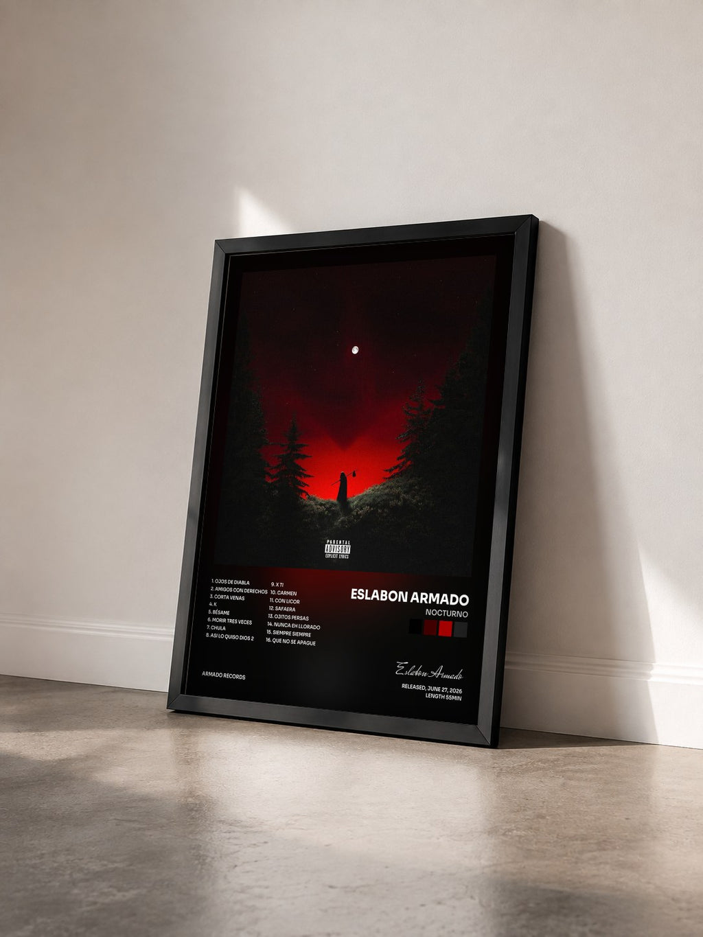 #noir Tableau de l'album NOCTURNO de Eslabon Armado vu de trois quarts, cadre noir