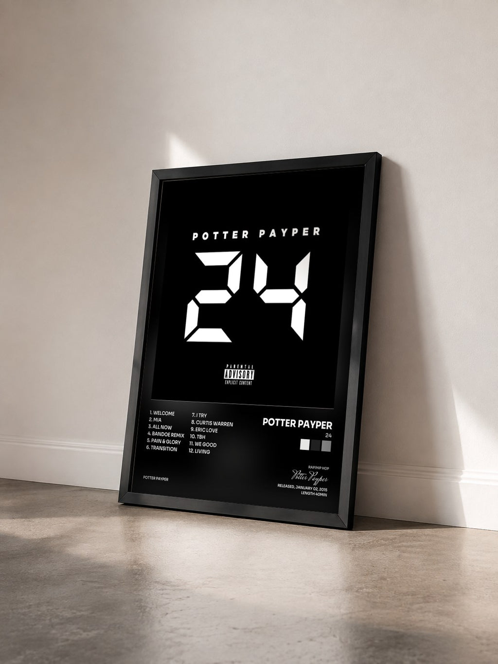 #noir Tableau de l'album 24 de Potter Payper vu de trois quarts, cadre noir