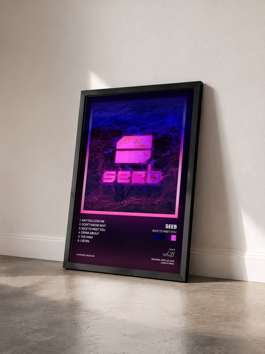 #noir Tableau de l'album Nice To Meet You de SeeB vu de trois quarts, cadre noir