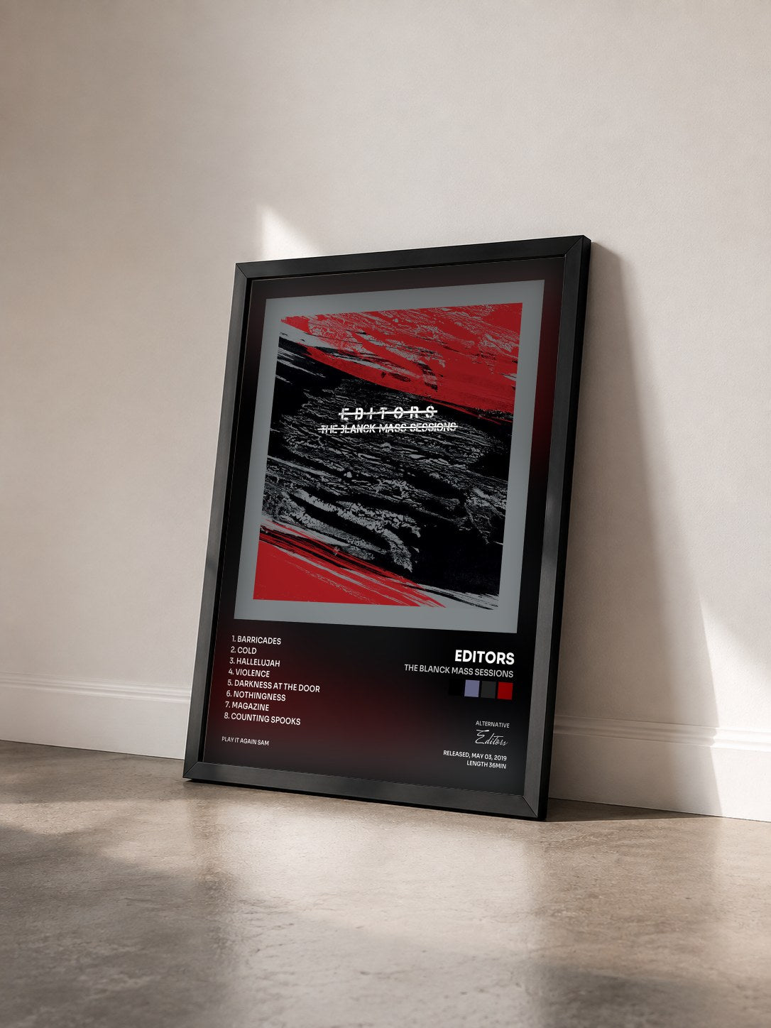 #noir Tableau de l'album The Blanck Mass Sessions de Editors vu de trois quarts, cadre noir