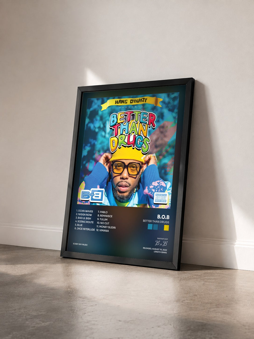 #noir Tableau de l'album Better Than Drugs de B.o.B vu de trois quarts, cadre noir