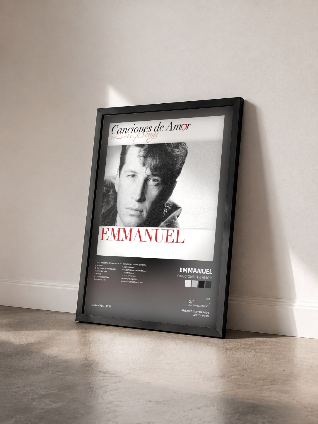 #noir Tableau de l'album Canciones De Amor de Emmanuel vu de trois quarts, cadre noir