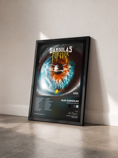 #noir Tableau de l'album Gárgolas Forever de Alex Gargolas vu de trois quarts, cadre noir