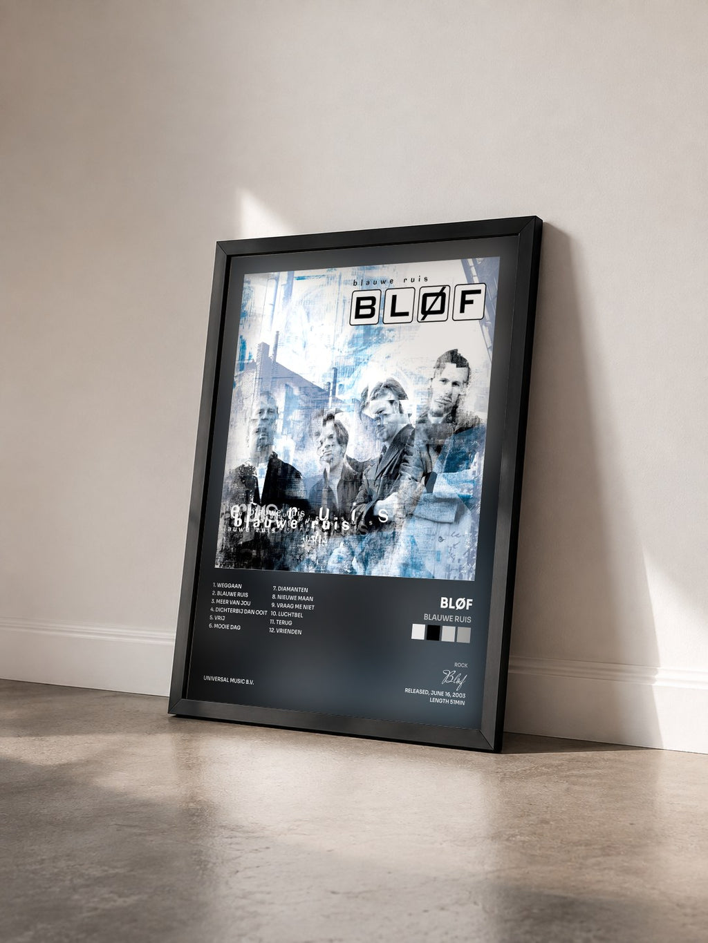 #noir Tableau de l'album Blauwe Ruis de Bløf vu de trois quarts, cadre noir