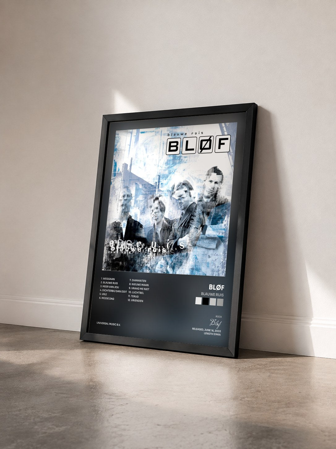 #noir Tableau de l'album Blauwe Ruis de Bløf vu de trois quarts, cadre noir