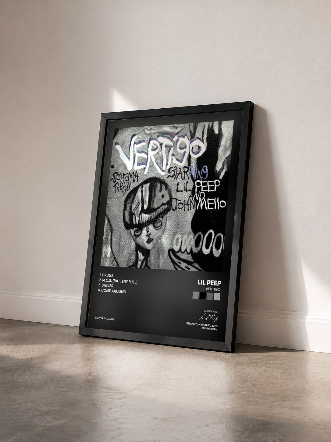 #noir Tableau de l'album Vertigo de Lil Peep vu de trois quarts, cadre noir