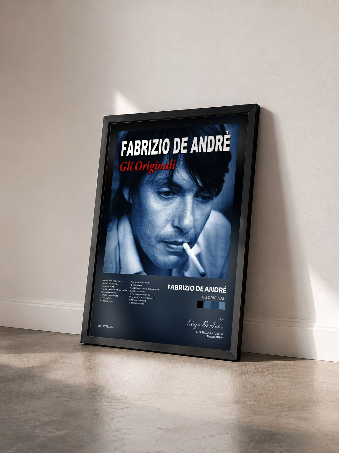 #noir Tableau de l'album Gli originali de Fabrizio De André vu de trois quarts, cadre noir