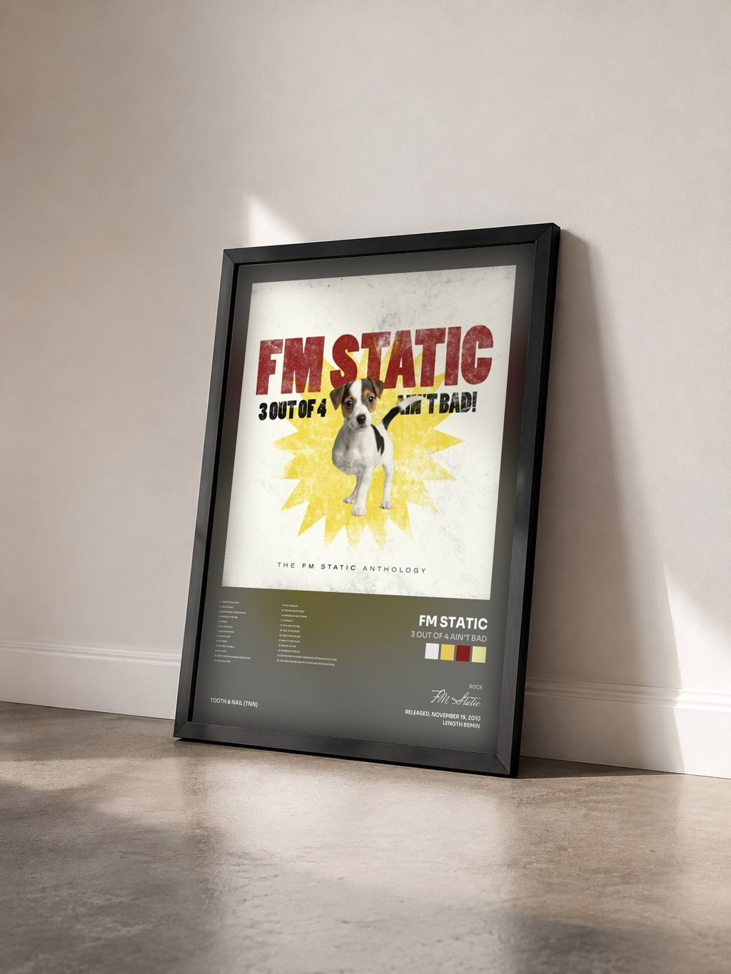 #noir Tableau de l'album 3 Out Of 4 Ain't Bad de FM Static vu de trois quarts, cadre noir