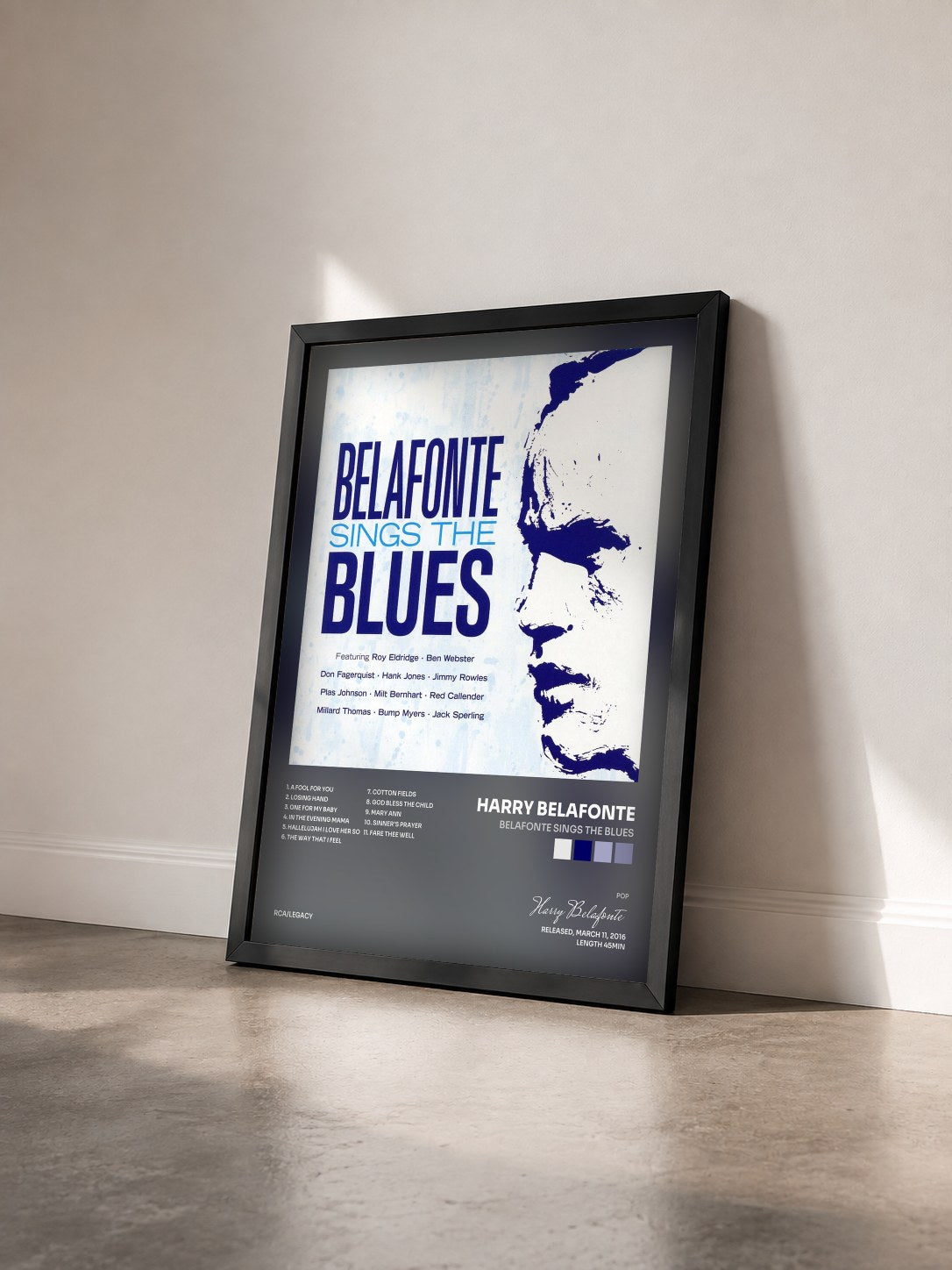 #noir Tableau de l'album Belafonte Sings the Blues de Harry Belafonte vu de trois quarts, cadre noir