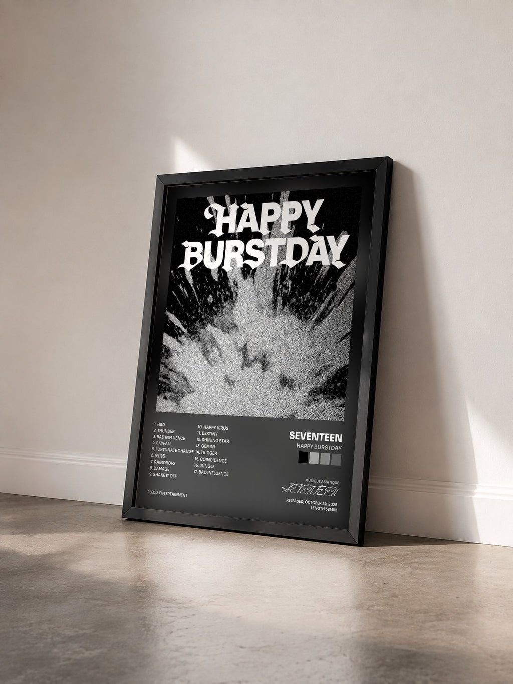 #noir Tableau de l'album HAPPY BURSTDAY de SEVENTEEN vu de trois quarts, cadre noir