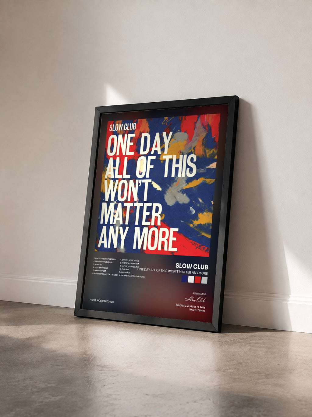 #noir One Day All of This Won't Matter Anymore von Slow Club als gerahmter Kunstdruck von schräg gesehen, schwarzer Rahmen