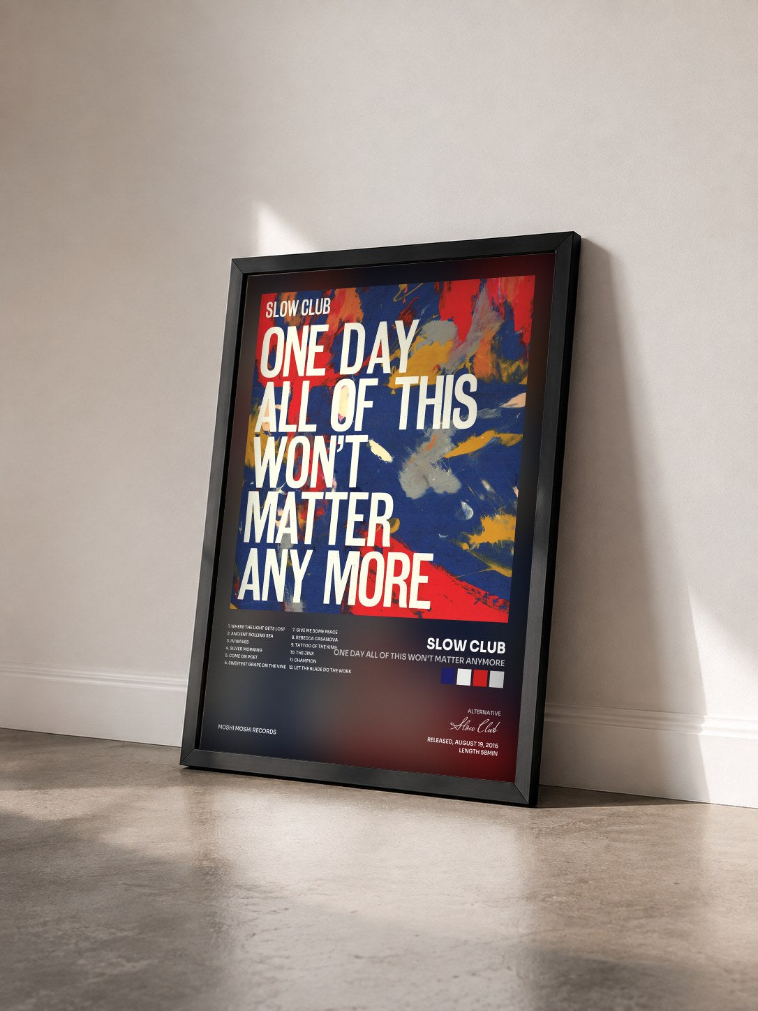 #noir Tableau de l'album One Day All of This Won't Matter Anymore de Slow Club vu de trois quarts, cadre noir
