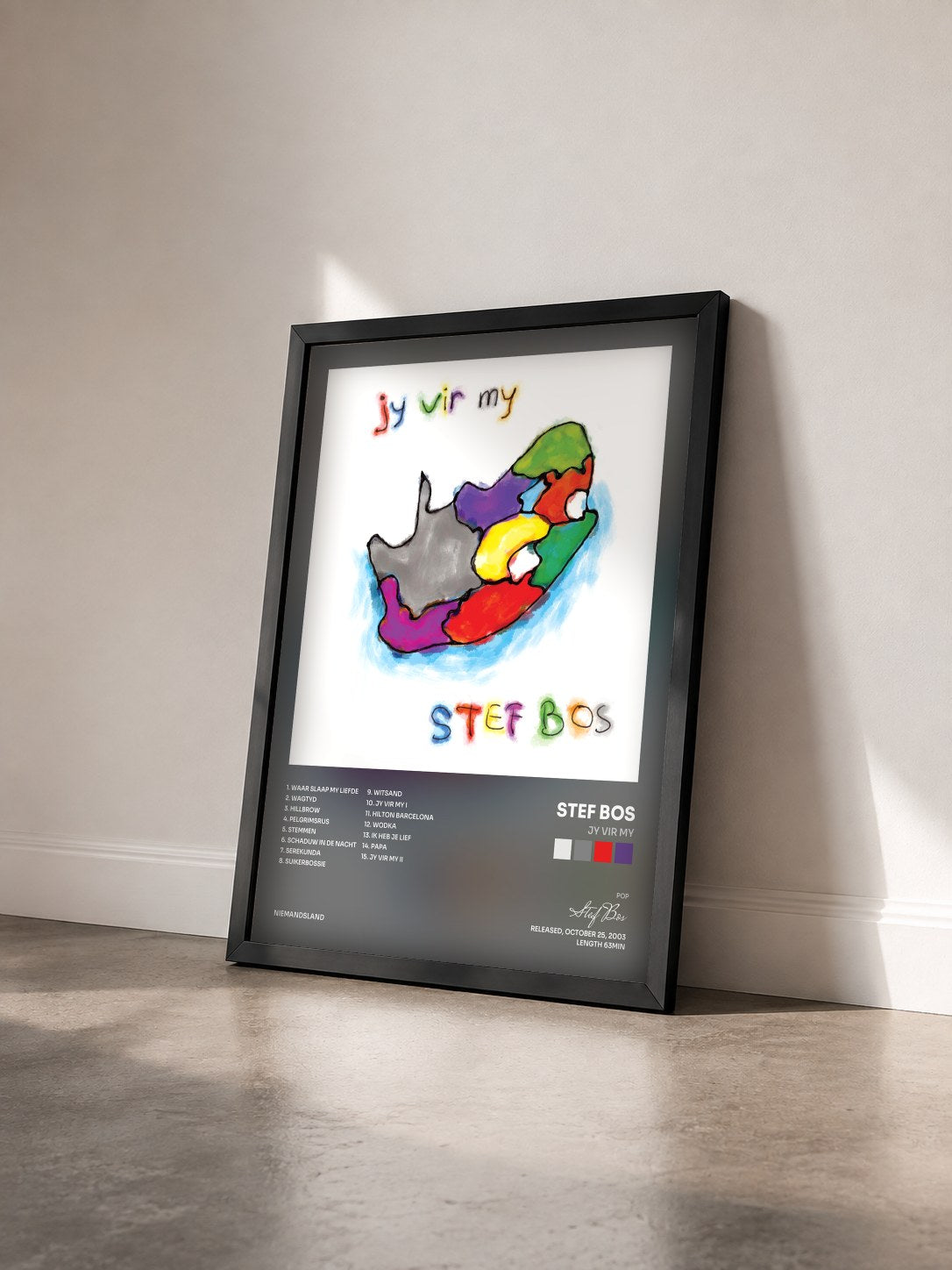 #noir Tableau de l'album Jy Vir My de Stef Bos vu de trois quarts, cadre noir