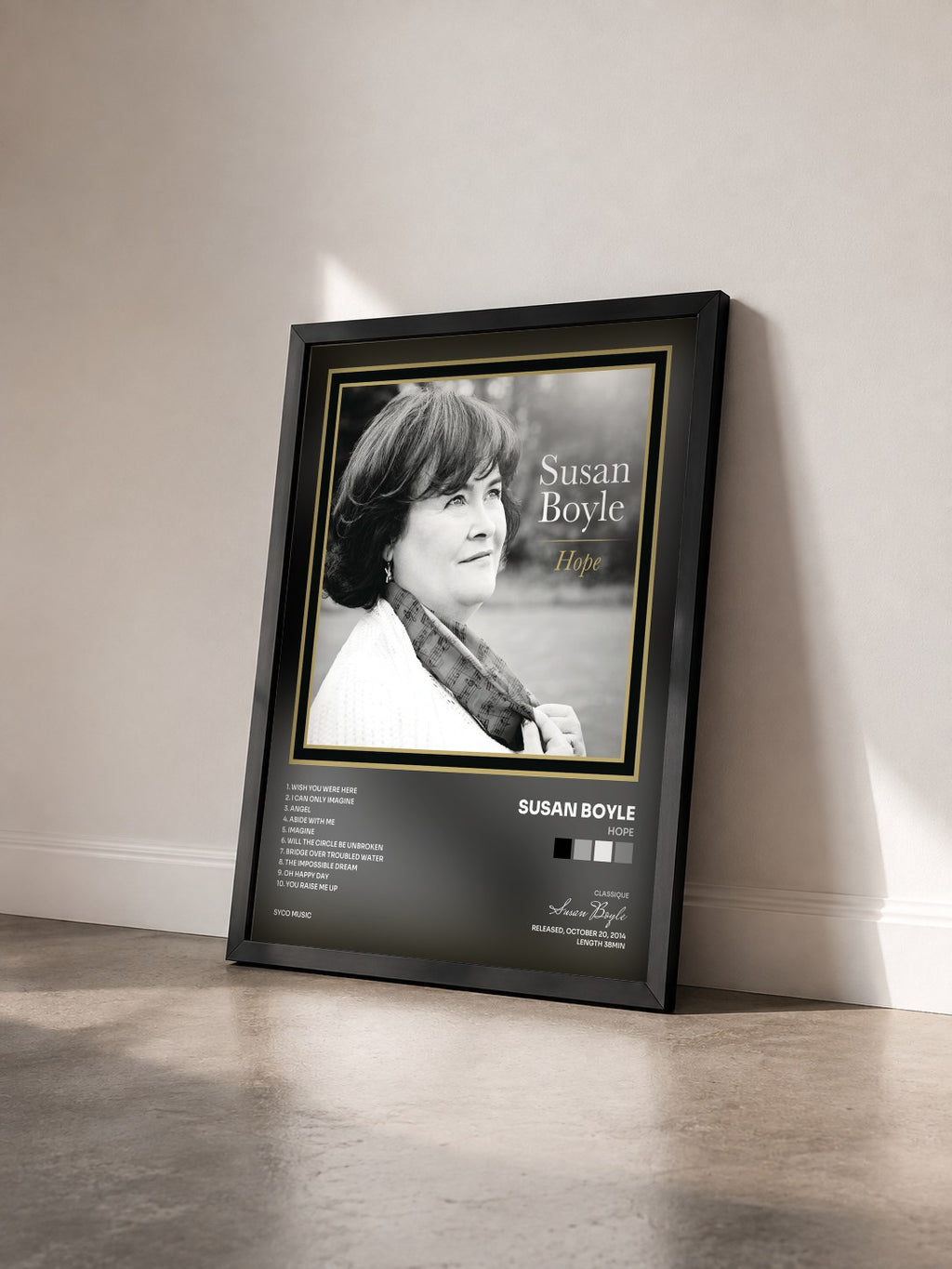 #noir Tableau de l'album Hope de Susan Boyle vu de trois quarts, cadre noir