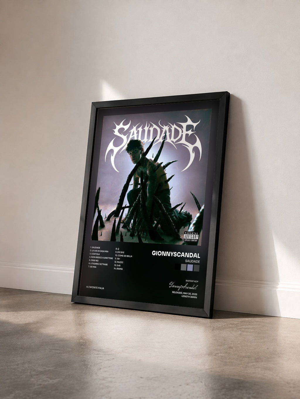 #noir Tableau de l'album SAUDADE de GionnyScandal vu de trois quarts, cadre noir