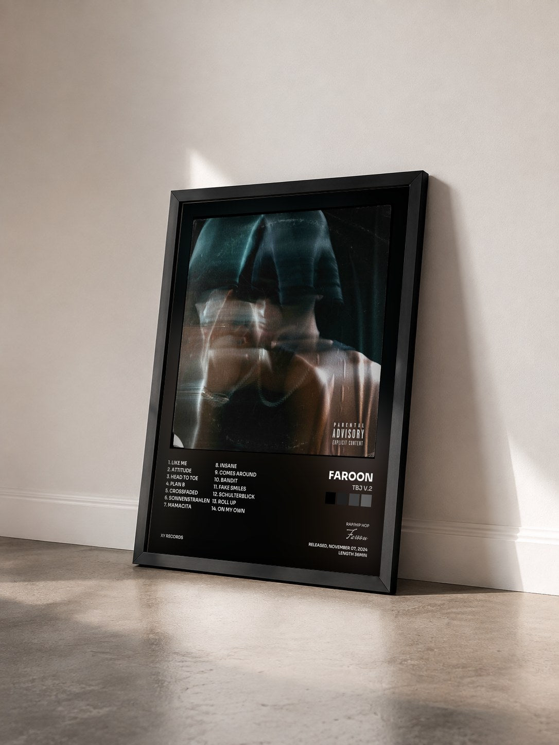 #noir Tableau de l'album TBJ V.2 de Faroon vu de trois quarts, cadre noir
