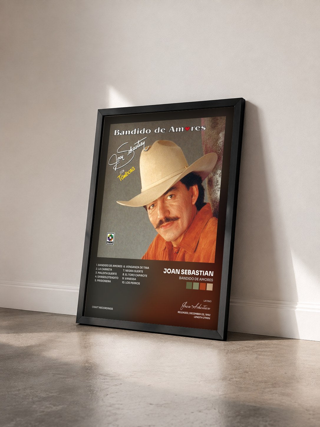 #noir Tableau de l'album Bandido de Amores de Joan Sebastian vu de trois quarts, cadre noir