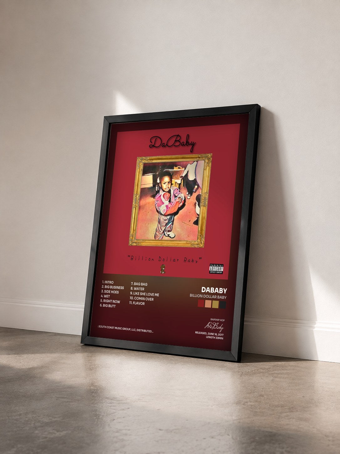 #noir Tableau de l'album Billion Dollar Baby de DaBaby vu de trois quarts, cadre noir
