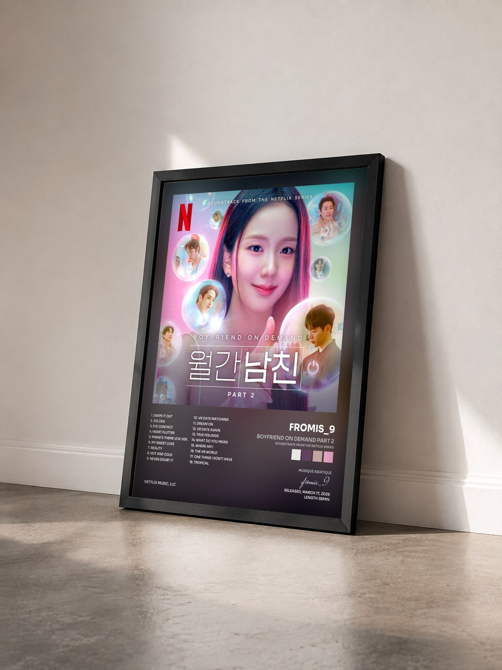 #noir Boyfriend on Demand Part 2 (Soundtrack from the Netflix Series) von fromis_9 als gerahmter Kunstdruck von schräg gesehen, schwarzer Rahmen