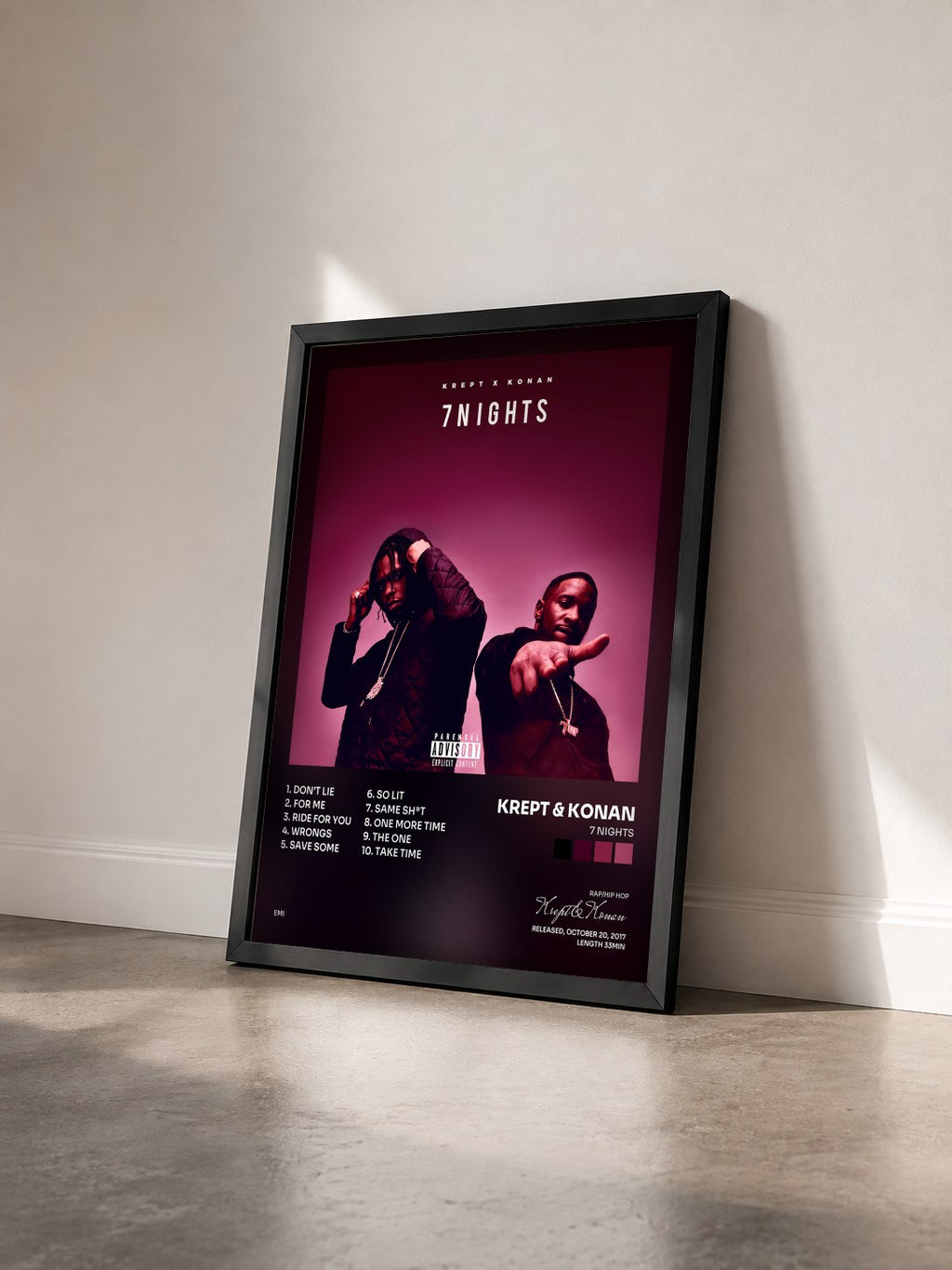 #noir Tableau de l'album 7 Nights de Krept & Konan vu de trois quarts, cadre noir