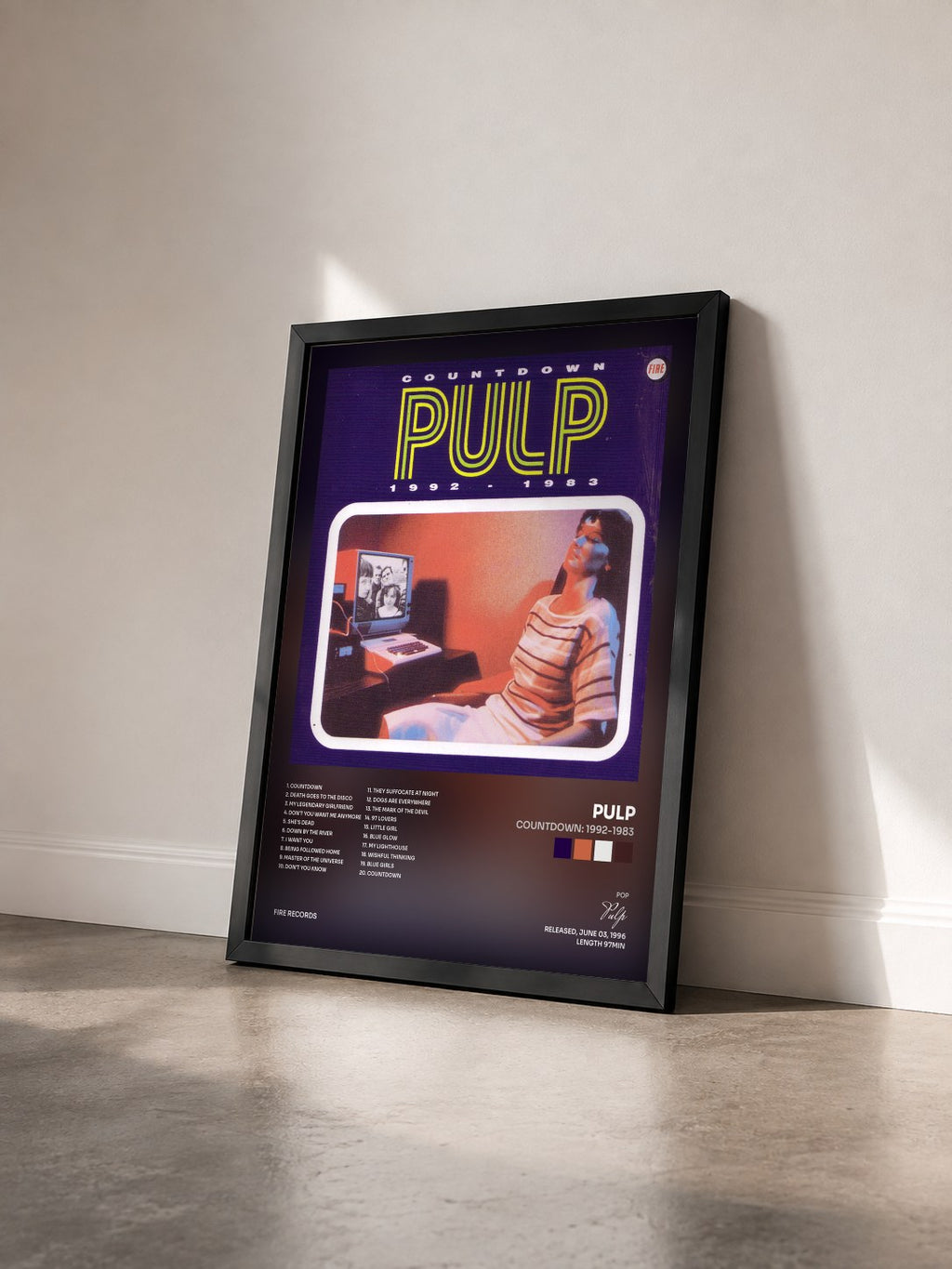 #noir Tableau de l'album Countdown: 1992-1983 de Pulp vu de trois quarts, cadre noir