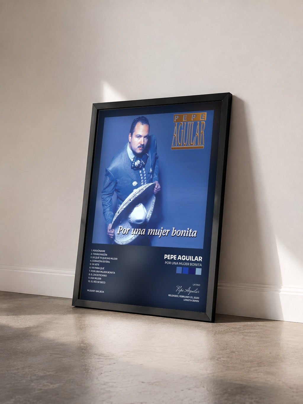 #noir Tableau de l'album Por Una Mujer Bonita de Pepe Aguilar vu de trois quarts, cadre noir