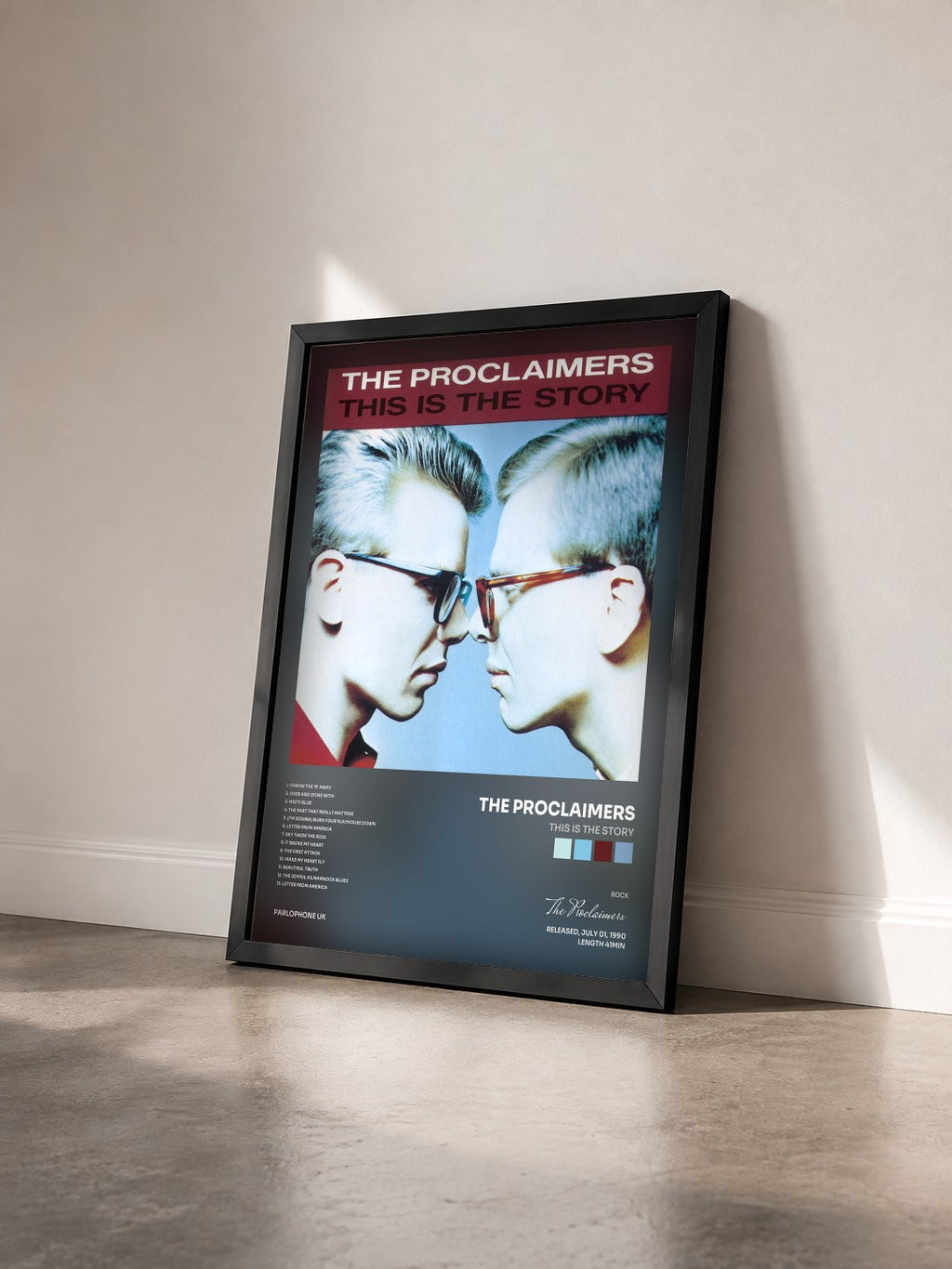 #noir Tableau de l'album This Is the Story de The Proclaimers vu de trois quarts, cadre noir