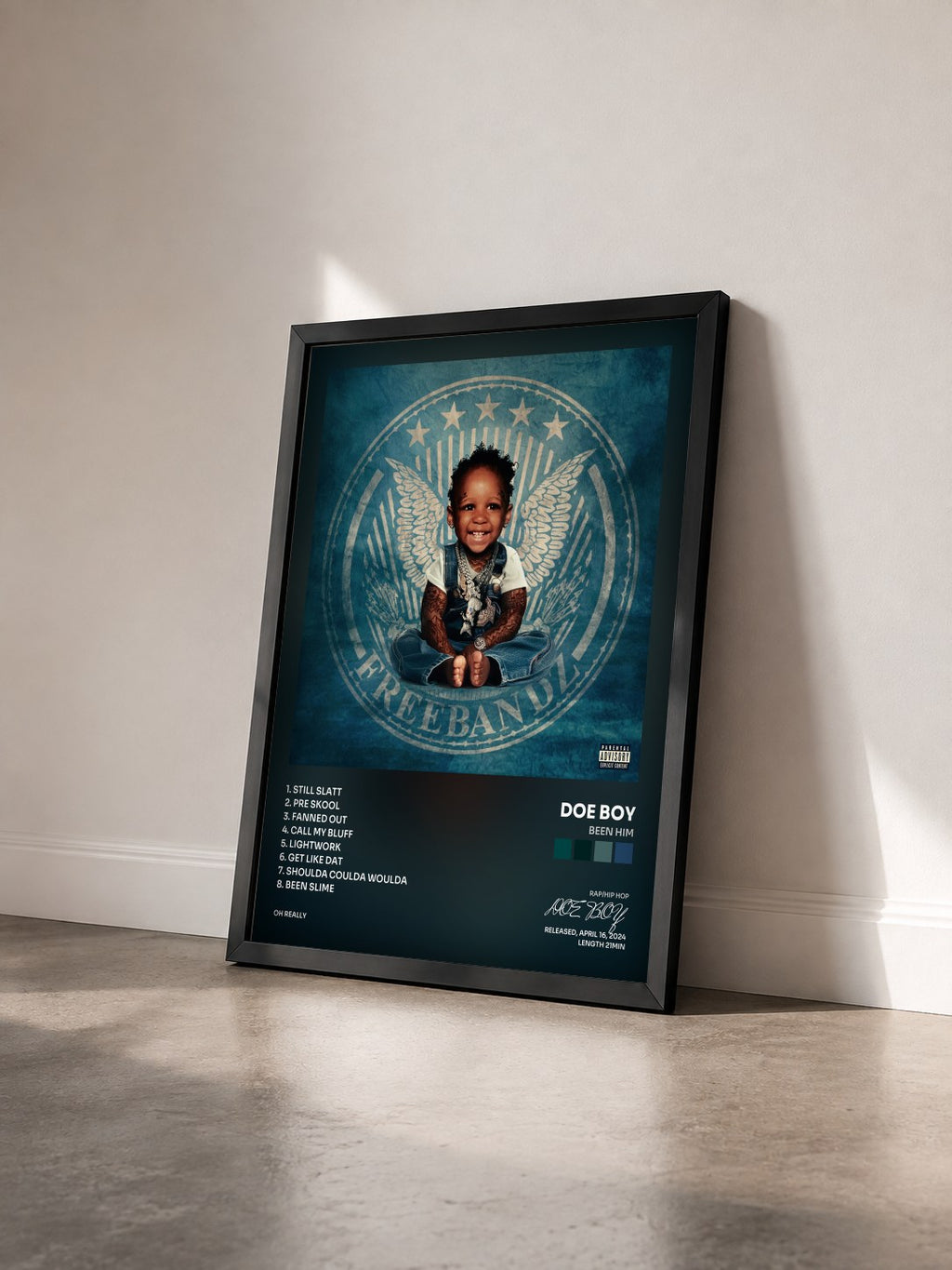 #noir Tableau de l'album BEEN HIM de DOE BOY vu de trois quarts, cadre noir