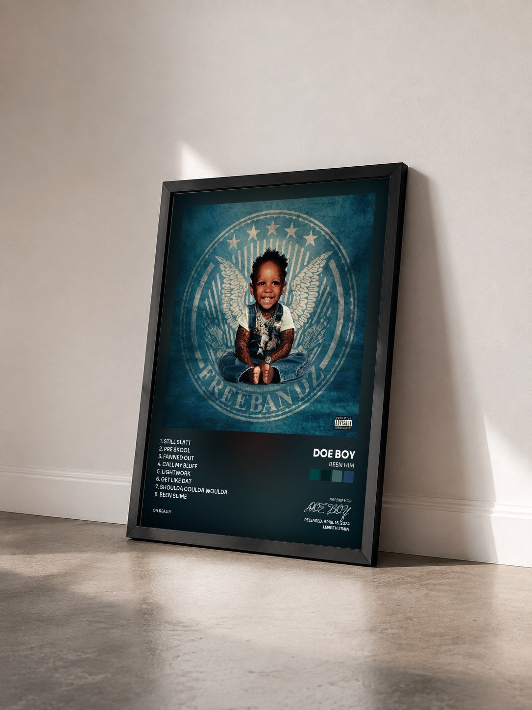 #noir Tableau de l'album BEEN HIM de DOE BOY vu de trois quarts, cadre noir