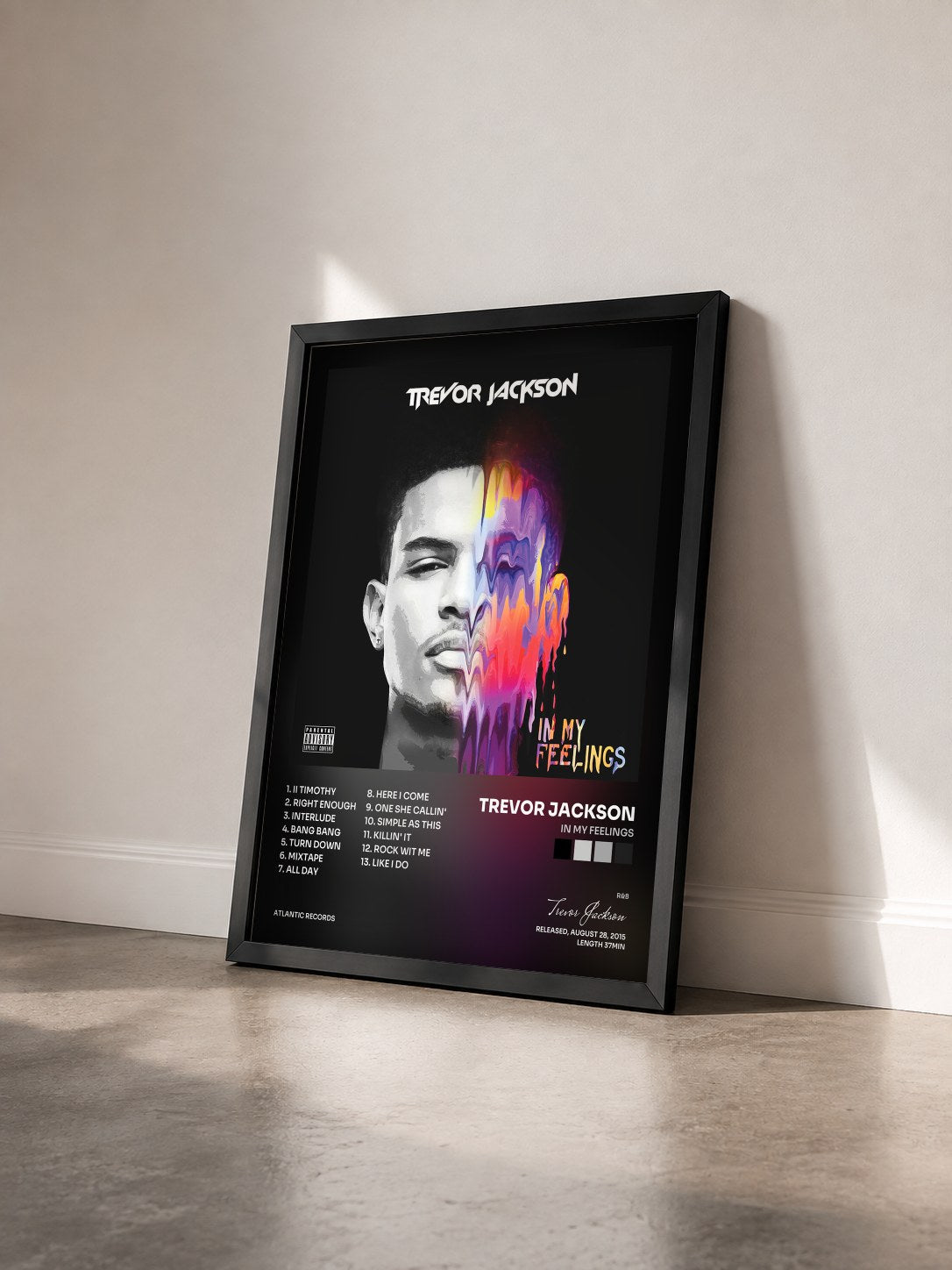 #noir Tableau de l'album In My Feelings de Trevor Jackson vu de trois quarts, cadre noir