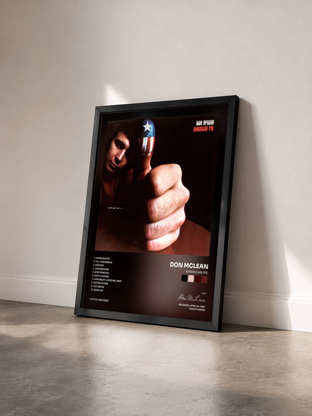 #noir Tableau de l'album American Pie de Don McLean vu de trois quarts, cadre noir