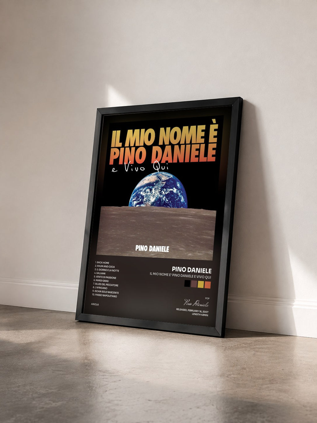 #noir Tableau de l'album Il mio nome e' Pino Daniele e vivo qui de Pino Daniele vu de trois quarts, cadre noir