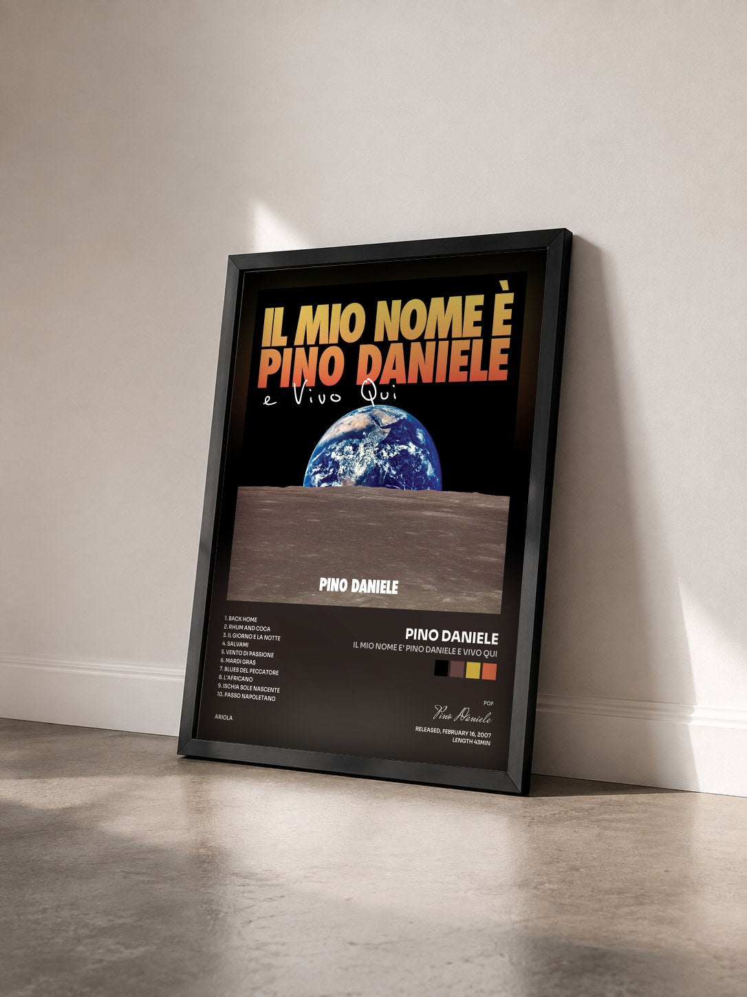#noir Tableau de l'album Il mio nome e' Pino Daniele e vivo qui de Pino Daniele vu de trois quarts, cadre noir