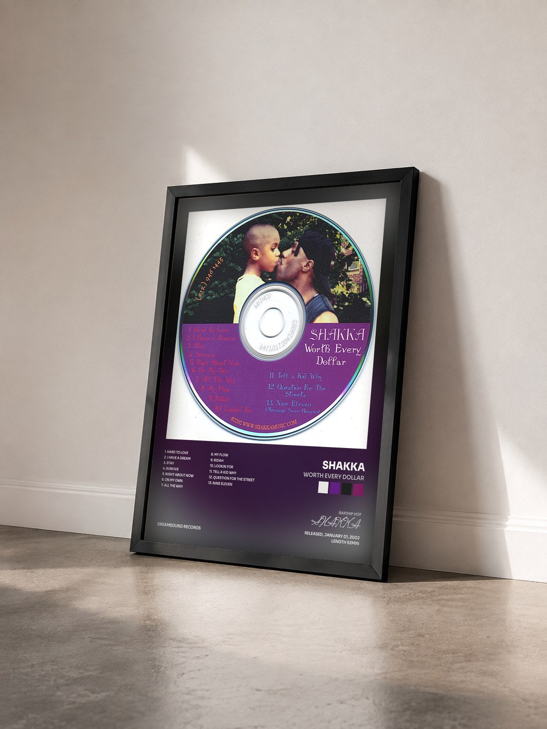 #noir Tableau de l'album Worth Every Dollar de SHAKKA vu de trois quarts, cadre noir