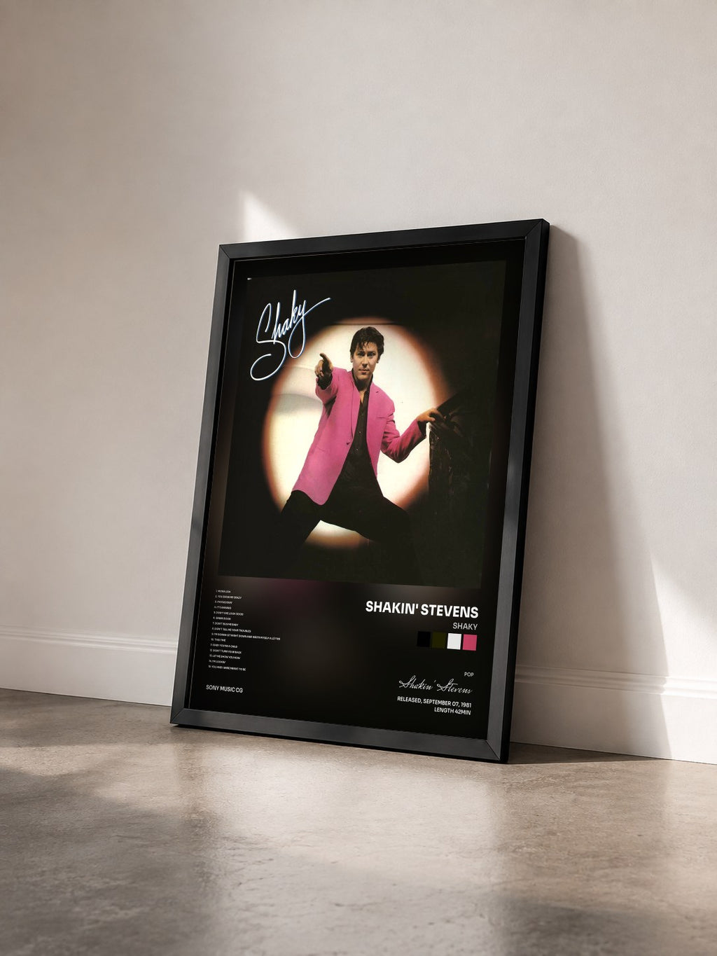 #noir Tableau de l'album Shaky de Shakin' Stevens vu de trois quarts, cadre noir