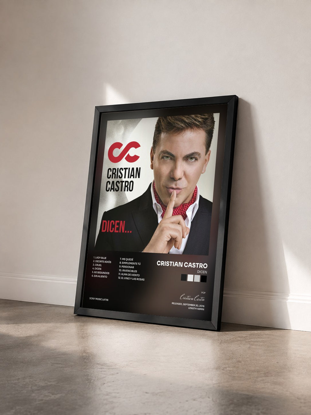 #noir Tableau de l'album Dicen de Cristian Castro vu de trois quarts, cadre noir