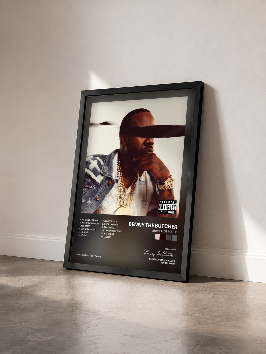 #noir Tableau de l'album Burden of Proof de Benny The Butcher vu de trois quarts, cadre noir