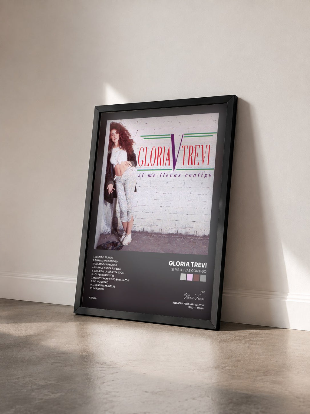#noir Tableau de l'album Si Me Llevas Contigo de Gloria Trevi vu de trois quarts, cadre noir