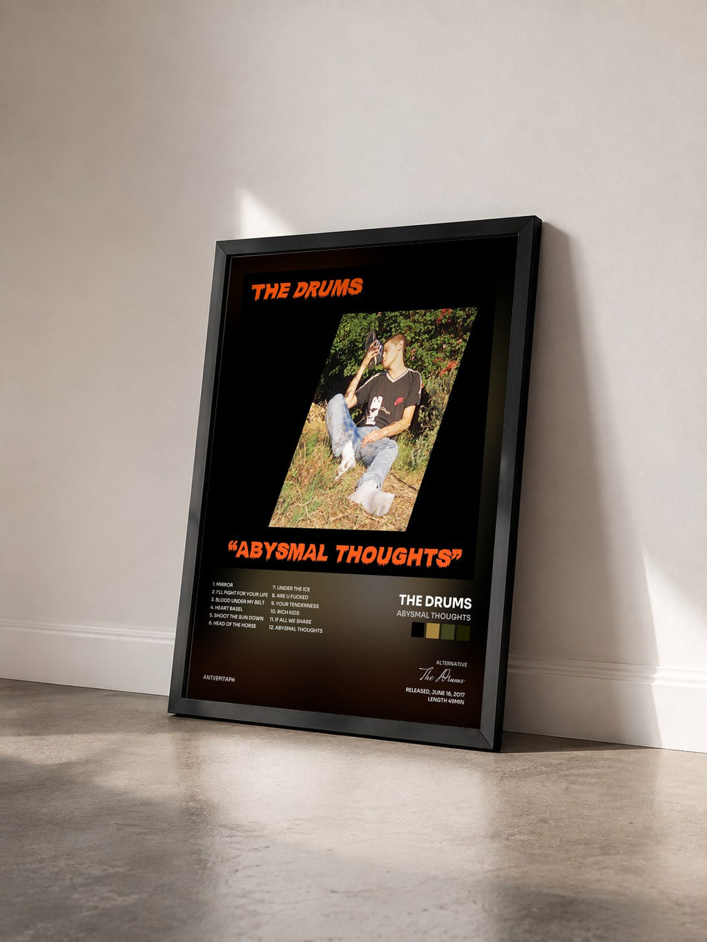 #noir Tableau de l'album Abysmal Thoughts de The Drums vu de trois quarts, cadre noir
