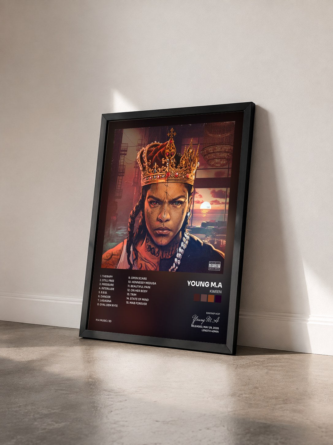 #noir Tableau de l'album Kween de Young M.A vu de trois quarts, cadre noir