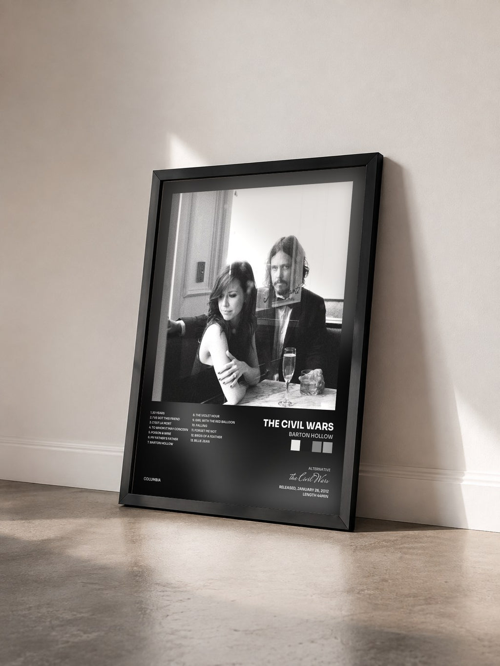 #noir Tableau de l'album Barton Hollow de the Civil Wars vu de trois quarts, cadre noir