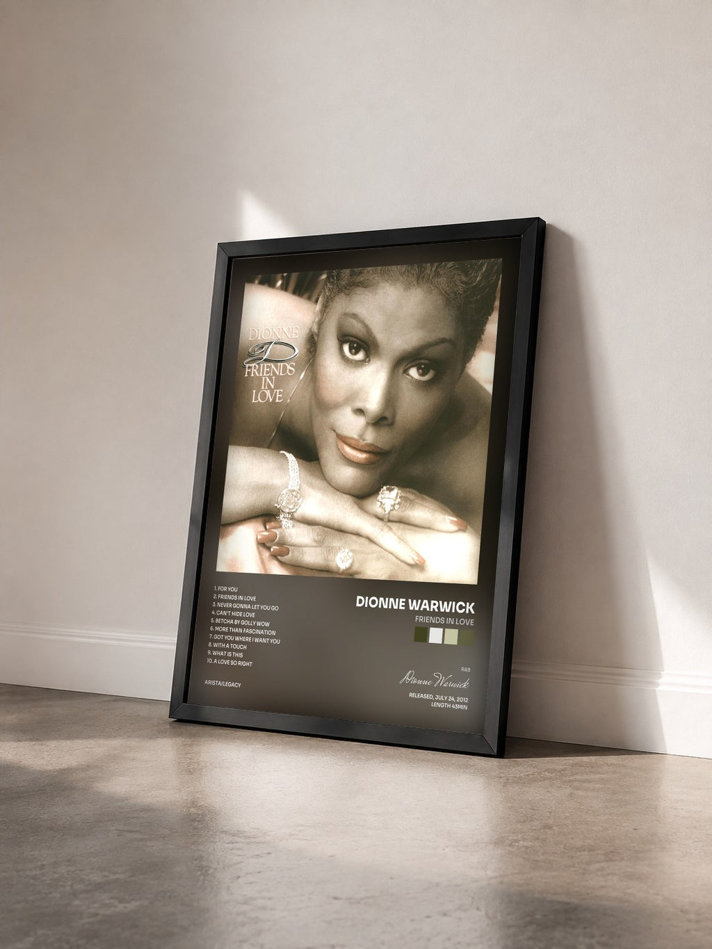 #noir Tableau de l'album Friends In Love de Dionne Warwick vu de trois quarts, cadre noir